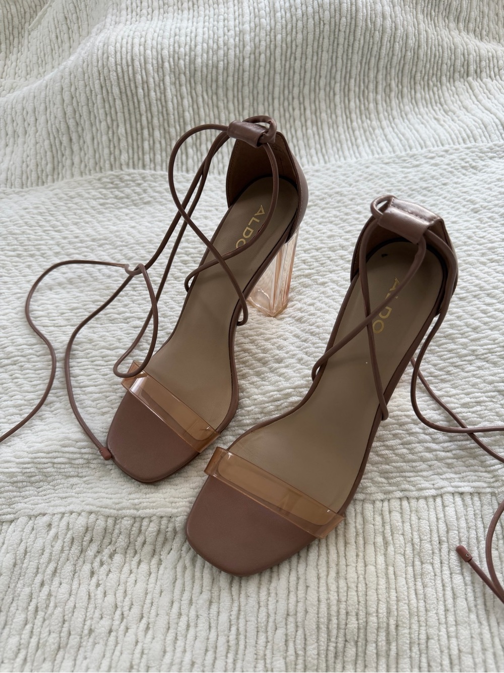 ALDO Brown Lace-Up Clear-Strap Block Heel Sandals